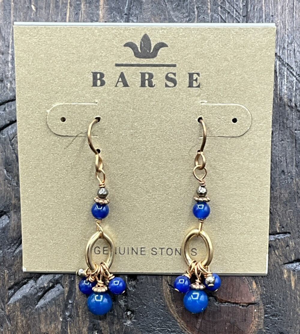 Barse Meena Beaded Earrings- Blue Agate & Pyrite- Bronze- NWT